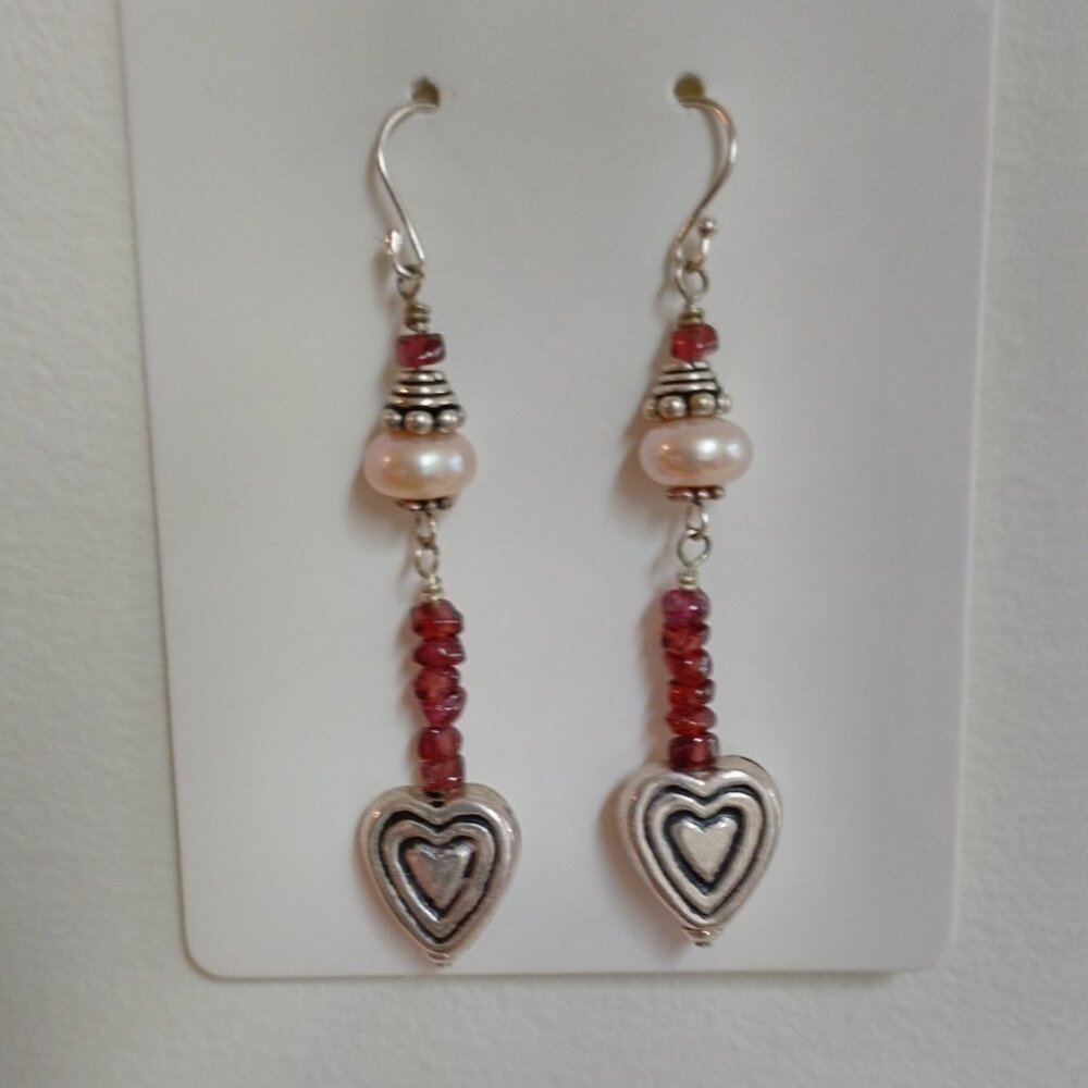 Handcrafted Sterling Silver Heart, Pearl & Garnet Earrings